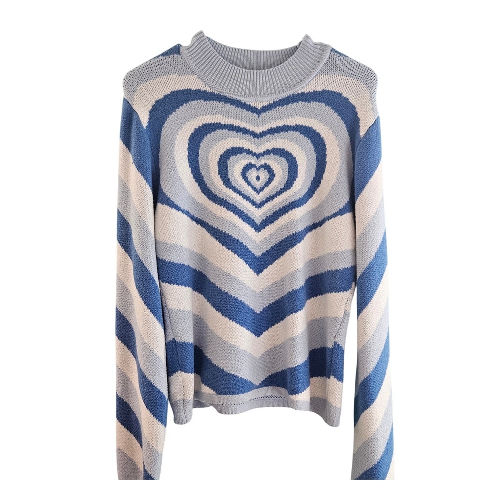 Cider Women Blue Heart Wave Knit Sweater Y2K Crew Neck Size M Love Preppy Groovy